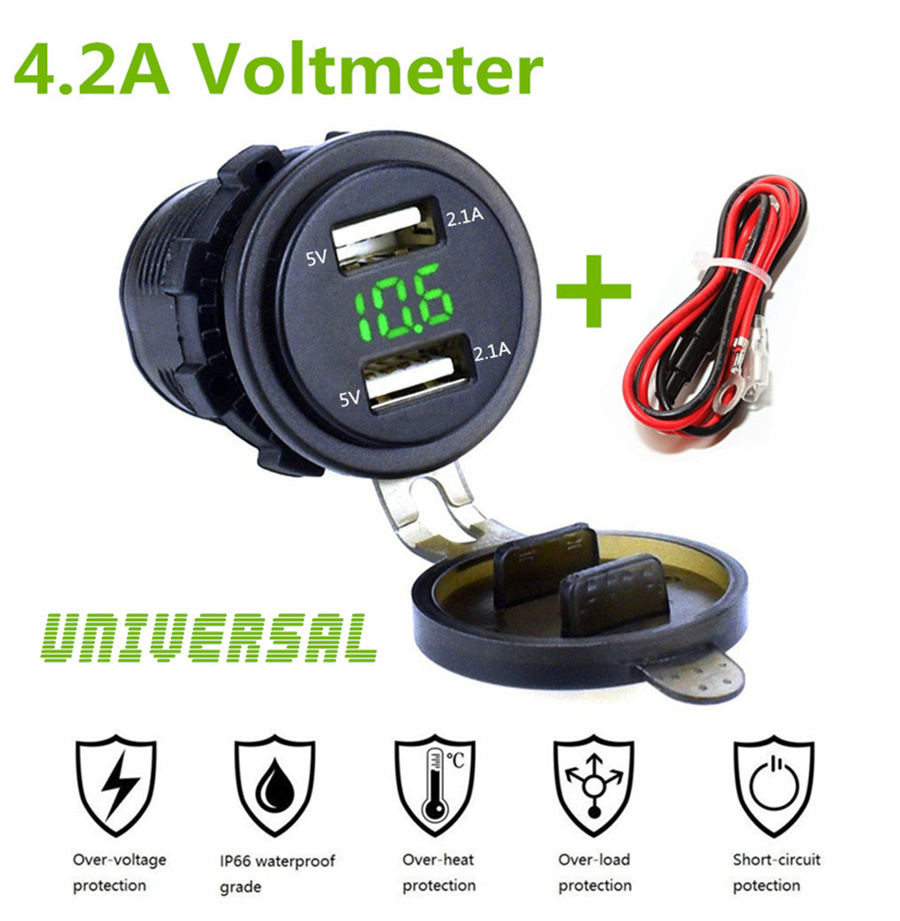 Voltmeter /&Wire In-line 10A Fuse BLUE Dual USB Charger Socket Power Outlet 4.2A