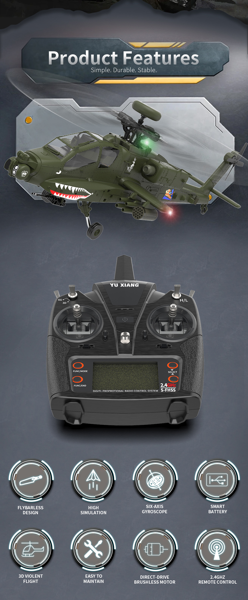 YXZNRC F11 AH-64D Apache 6-Axis Gyro 2.4G 6CH 3D Aircraft RC