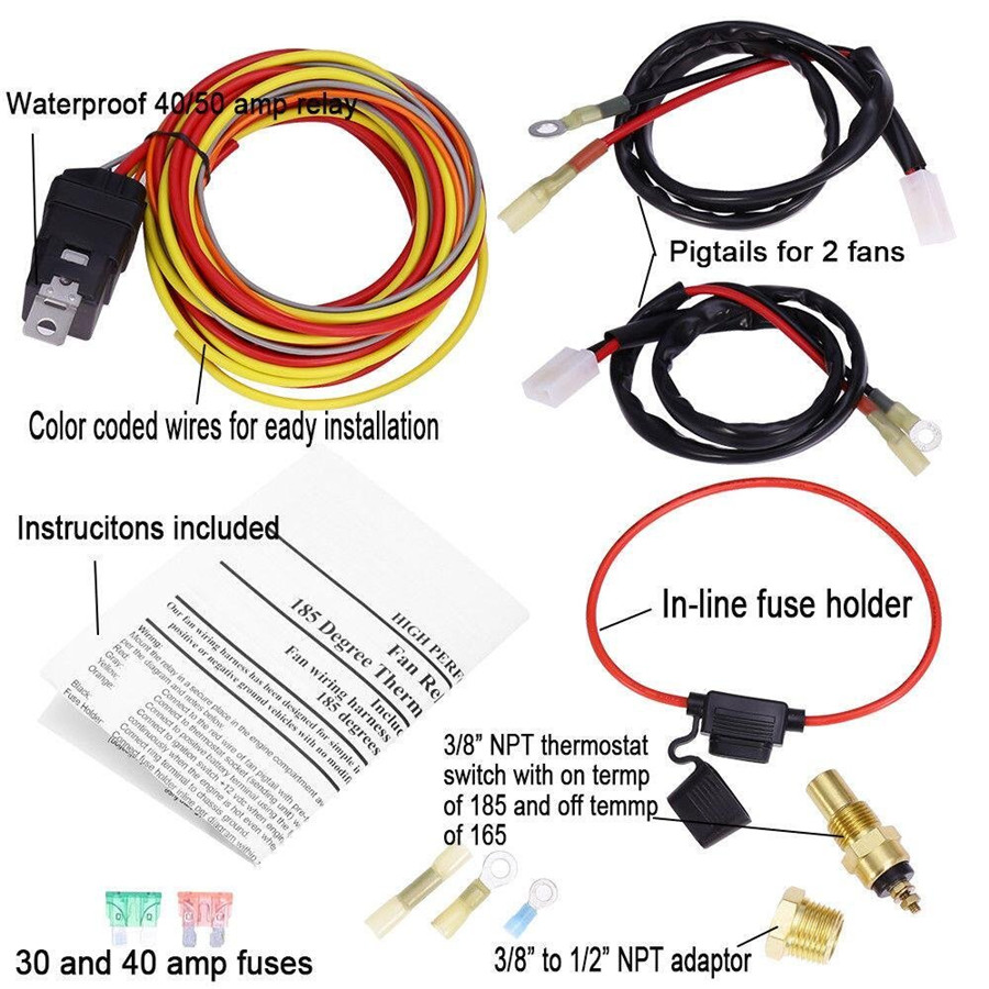Electric fan relay install kit 60 amp 170 185 deg thermostat instructions USA