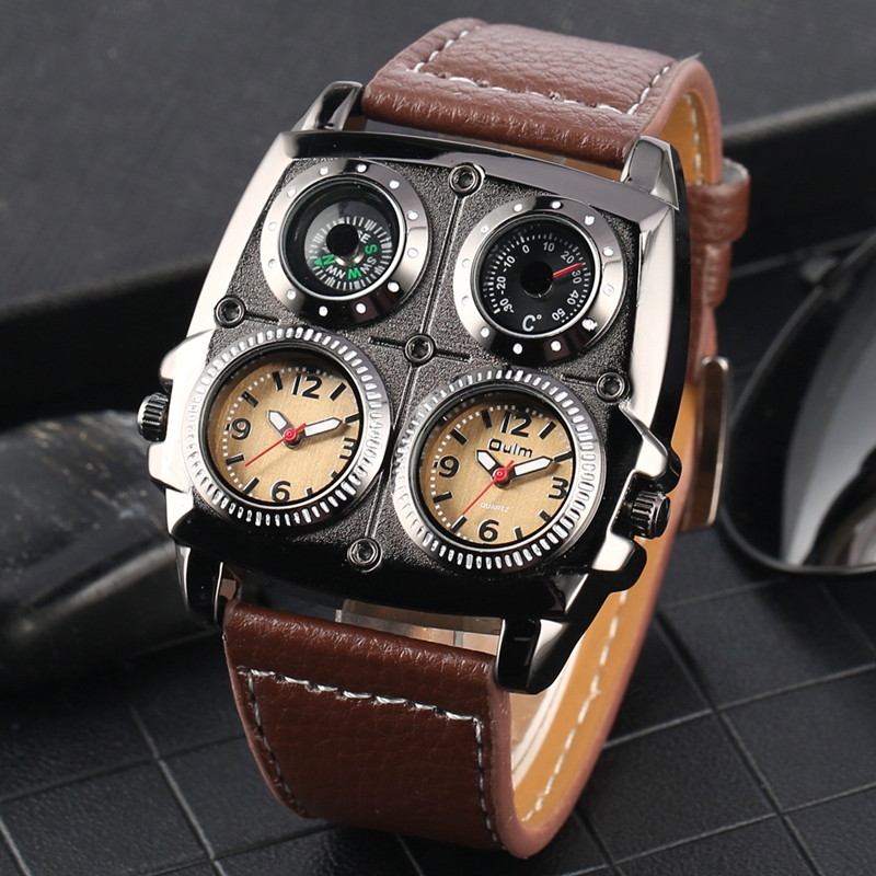 Oulm Mens Steampunk Watch Military Big Square Case Design Quartz Dual Time  Zone