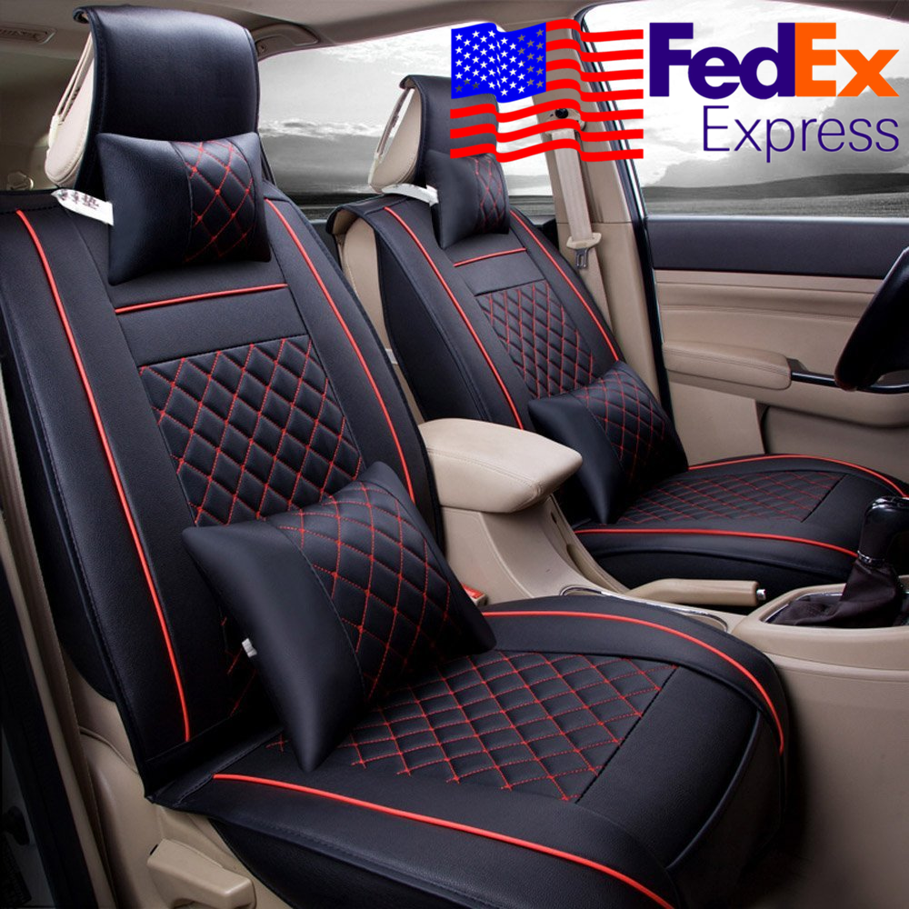 Details About 2 Seats Car Front Seat Cover Black Pu Leather Red Stitch Universal W Pillows Us