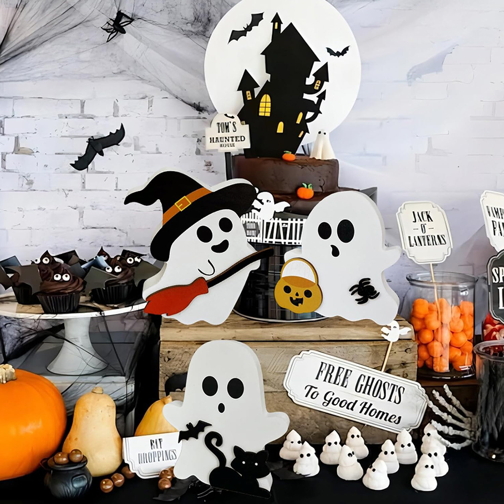 3 Décorations Halloween En Bois - Fantômes Mignons Noir Et Blanc - Pour Table, Cheminée, Porte - Ornements De Fête