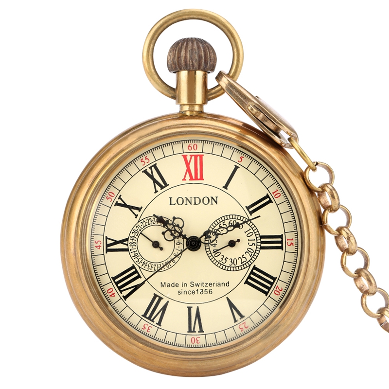 Montre De Poche Vintage Avec Chaîne - Chiffres Romains, Alliage, Ouverture Par Poussoir, 4.6 Cm