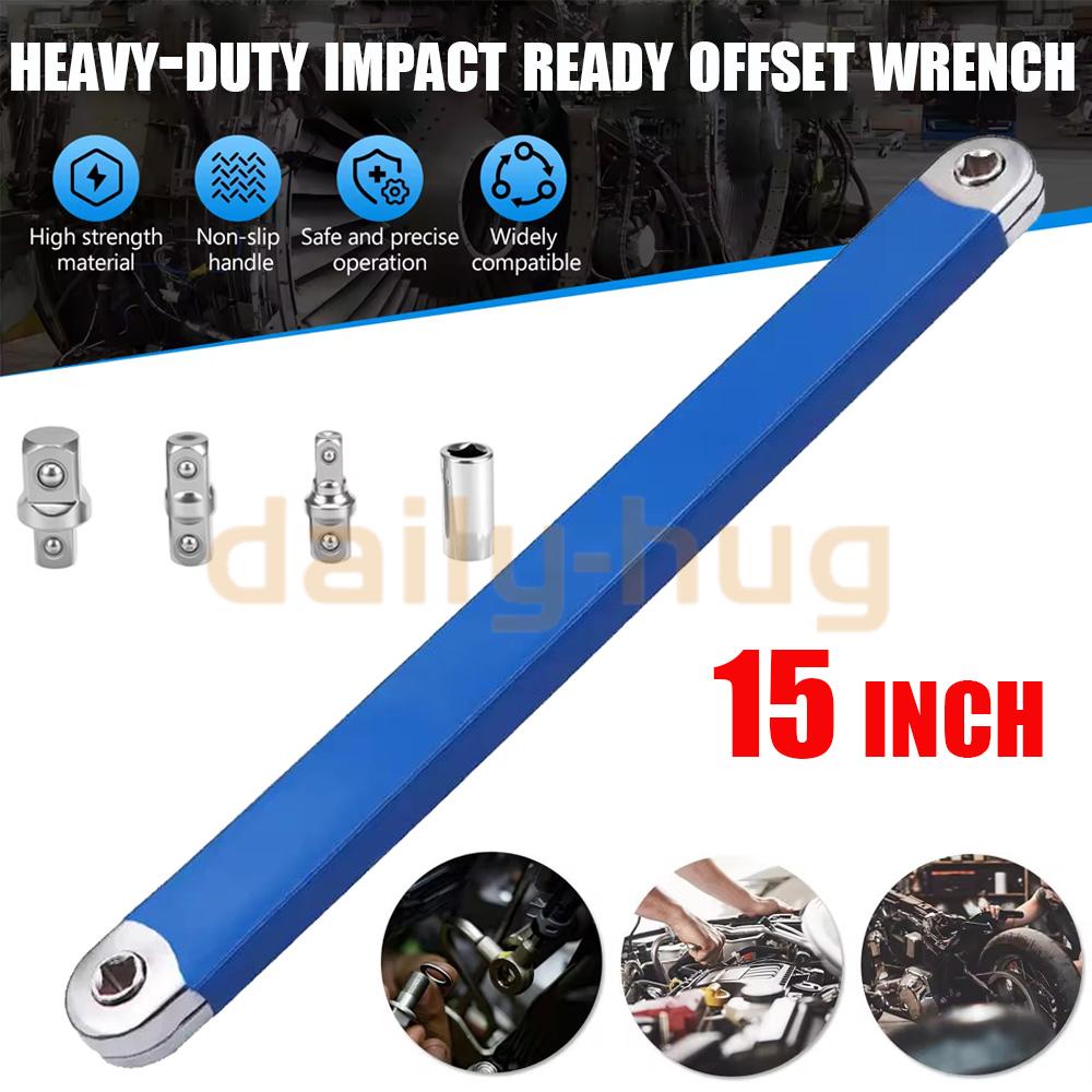 15-Inch Offset Extension Wrench Set – Impact Ready With 1/2, 1/4 & 3/8 Square Drive Adapters, Ideal For Tight Spaces, Workshop & Auto Repair