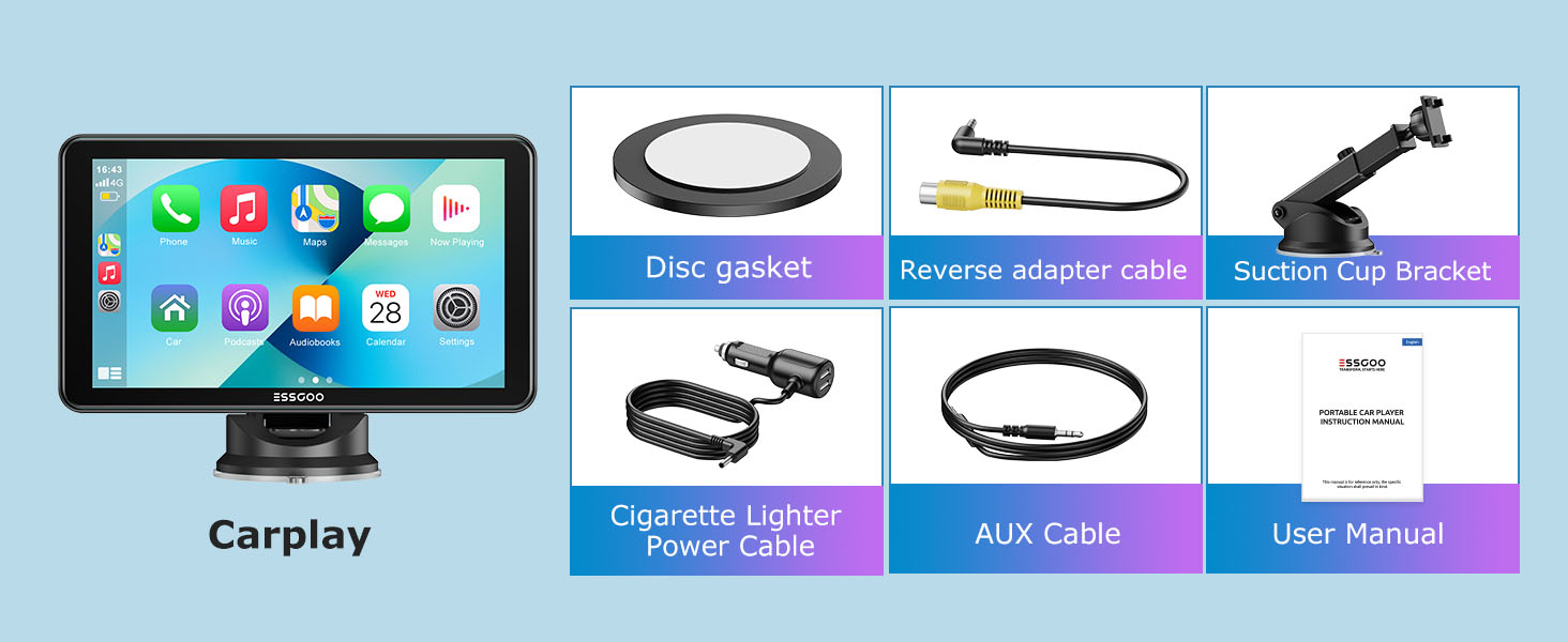 Diagram illustrating three audio connection methods: AUX cable to car audio, FM transmission to car audio, and built-in speaker.