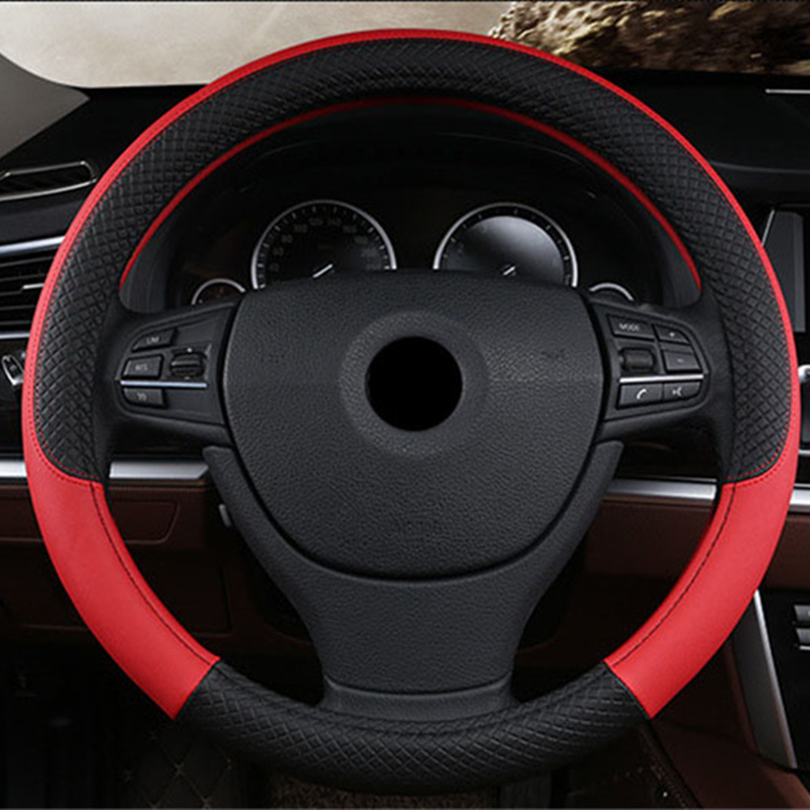 38CM Anti-slip PU Leather Steering Wheel Cover For Car SUV Black Red Universal
