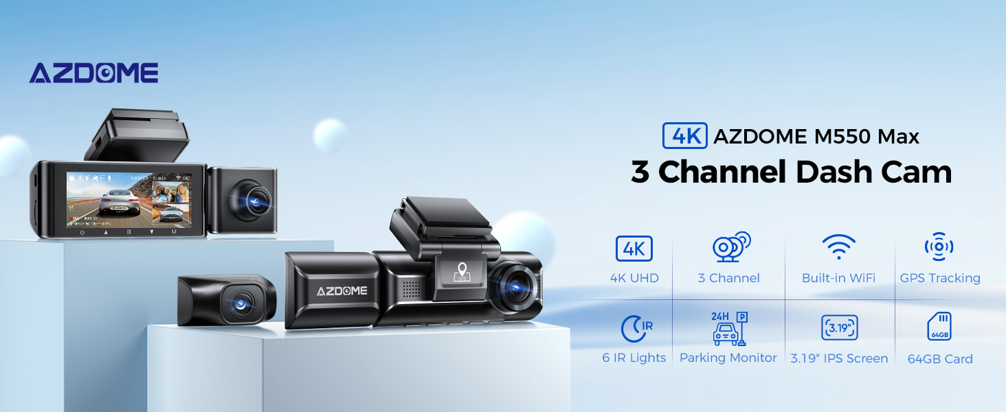 AZDOME 4K 5G WiFi Dash Cam Front And Rear, 3.18" IPS Screen Dashcam For