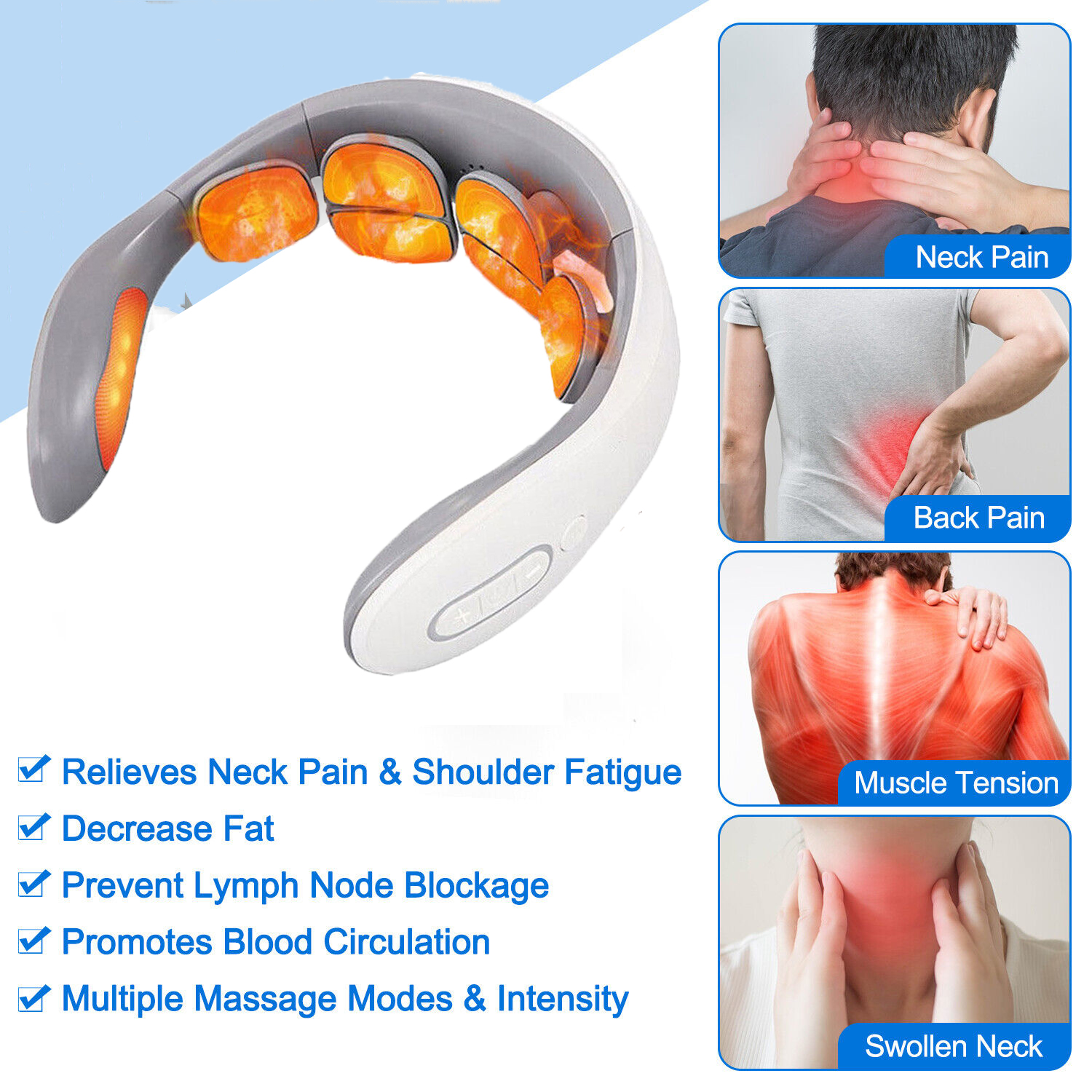 Neck Massager with Heat, Neck Lymphatic Massager for Pain & Fatigue Relief,  6 Modes 9 Levels Portable Neck Massager Perfect Gifts
