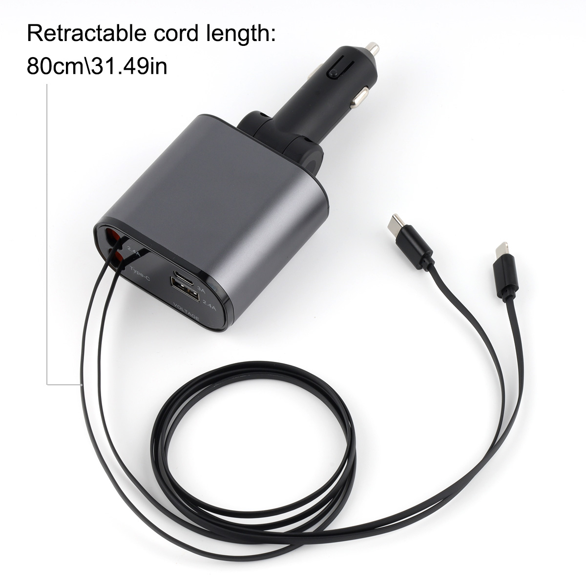 4 IN 1 Retractable Car Charger Cable Dual Port USB-C PD Fast