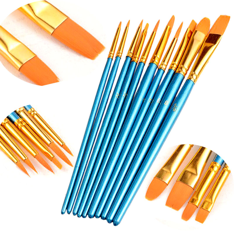 10pcs Acrylic Nylon Hair Round Pointed Artists Watercolor Paint Brush Set