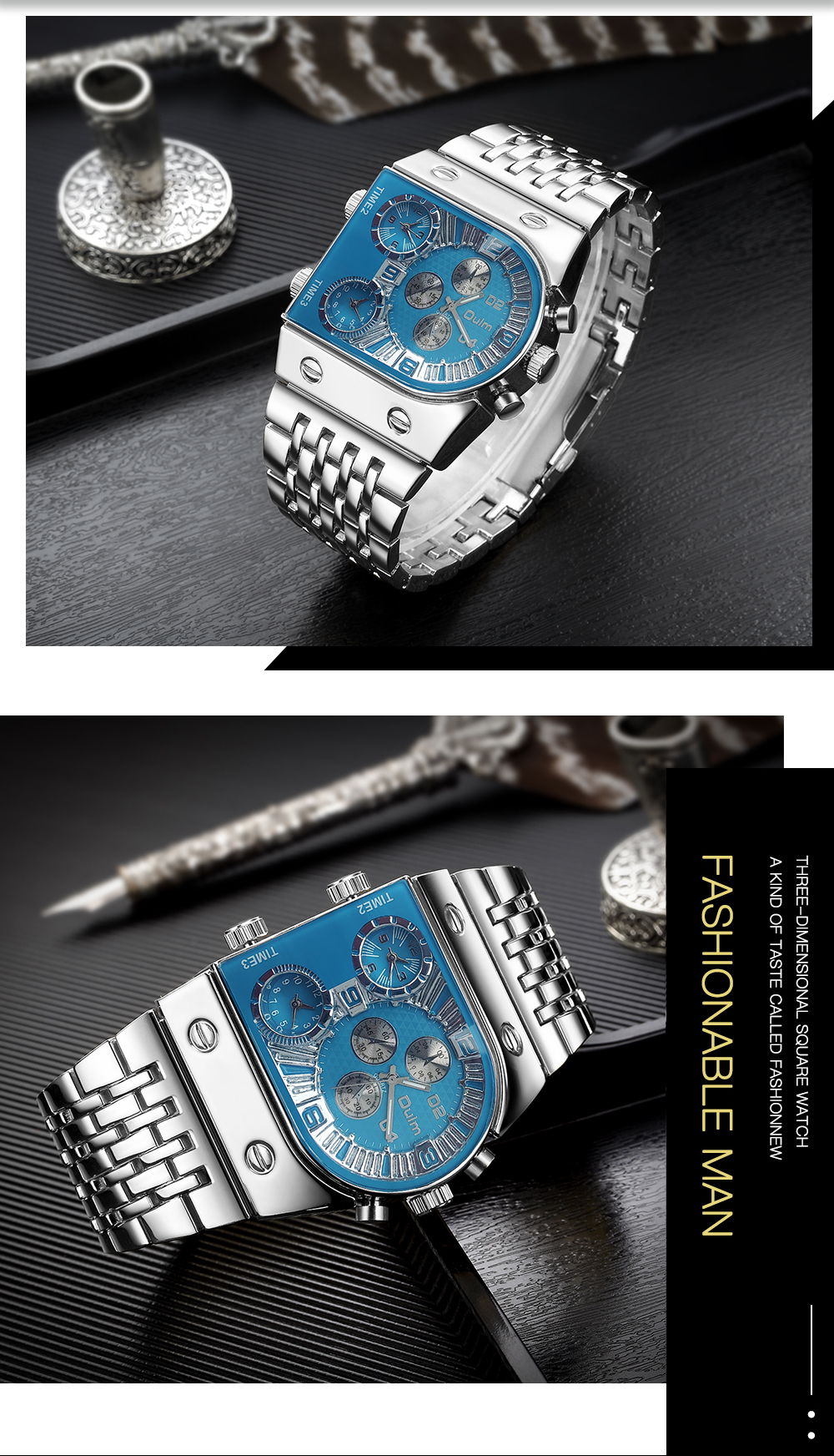 Oulm 9315 Silver Blue Golden Male Watch Three Time Zone Quartz