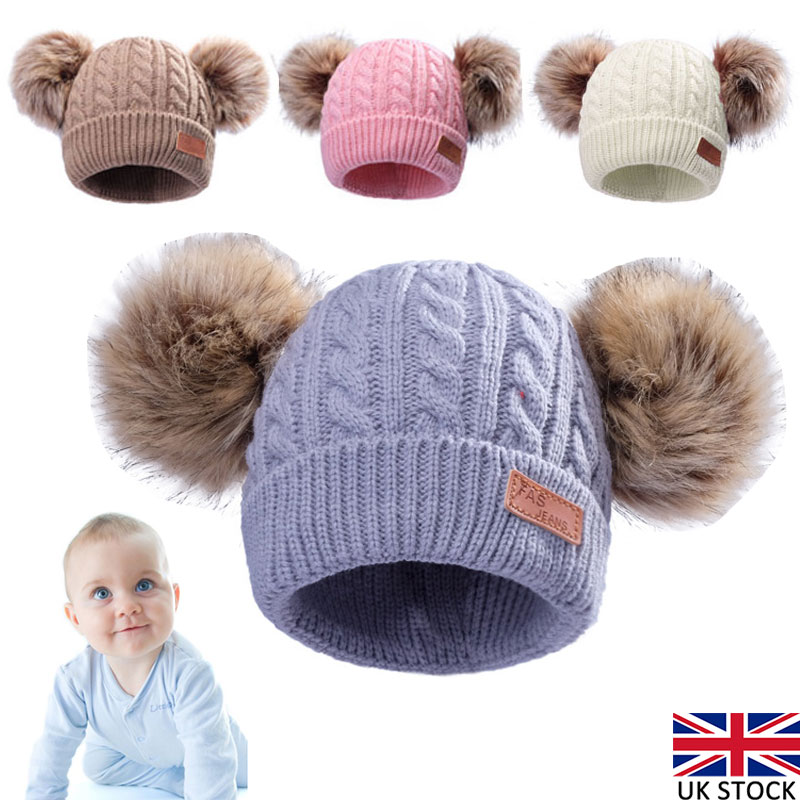 Kids Baby Warm Winter Wool Knit Beanie Real Fur Pom Bobble Hat Cap Gift D