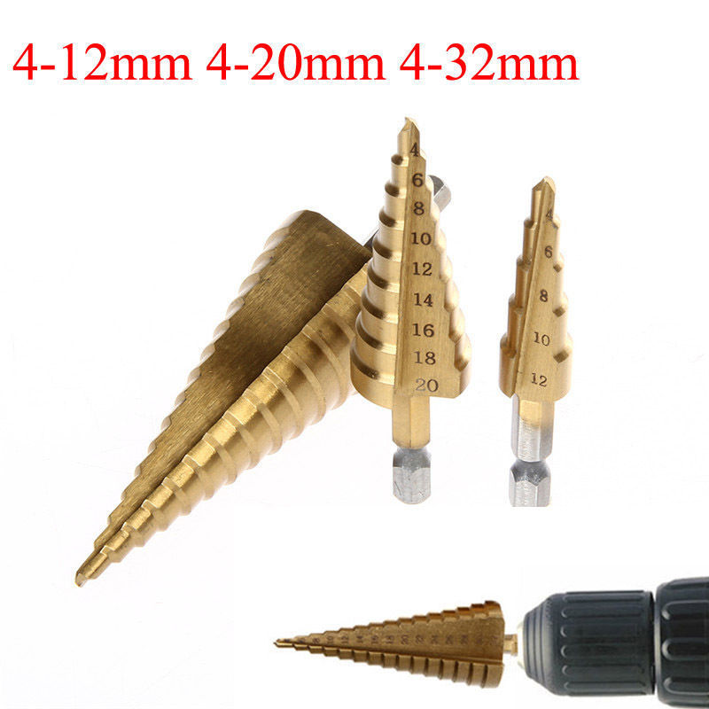 3pcs HSS Titane Forets Fraise à Étages Conique Perceuse Perçage Visseuse 4-32mm