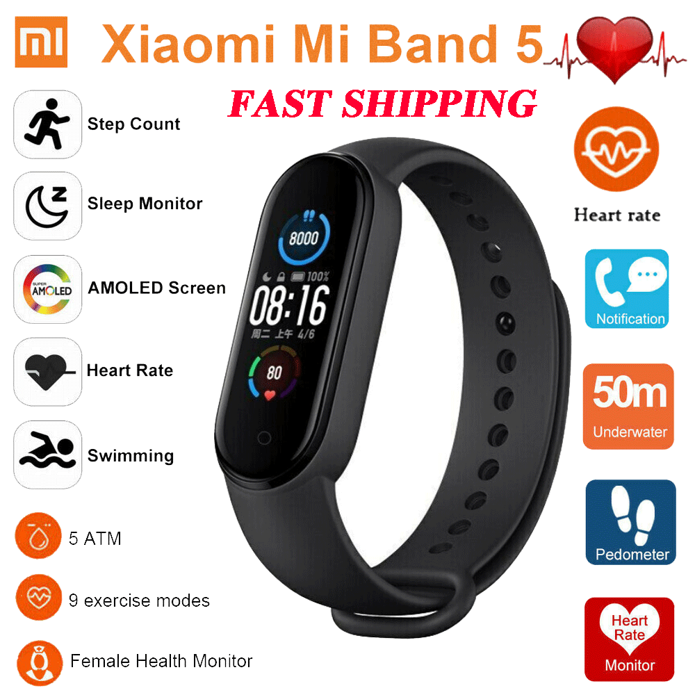 Xiaomi Mi Band 5 Smart Fitness Watch Heart Rate Monitor AMOLED 5 ATM ...