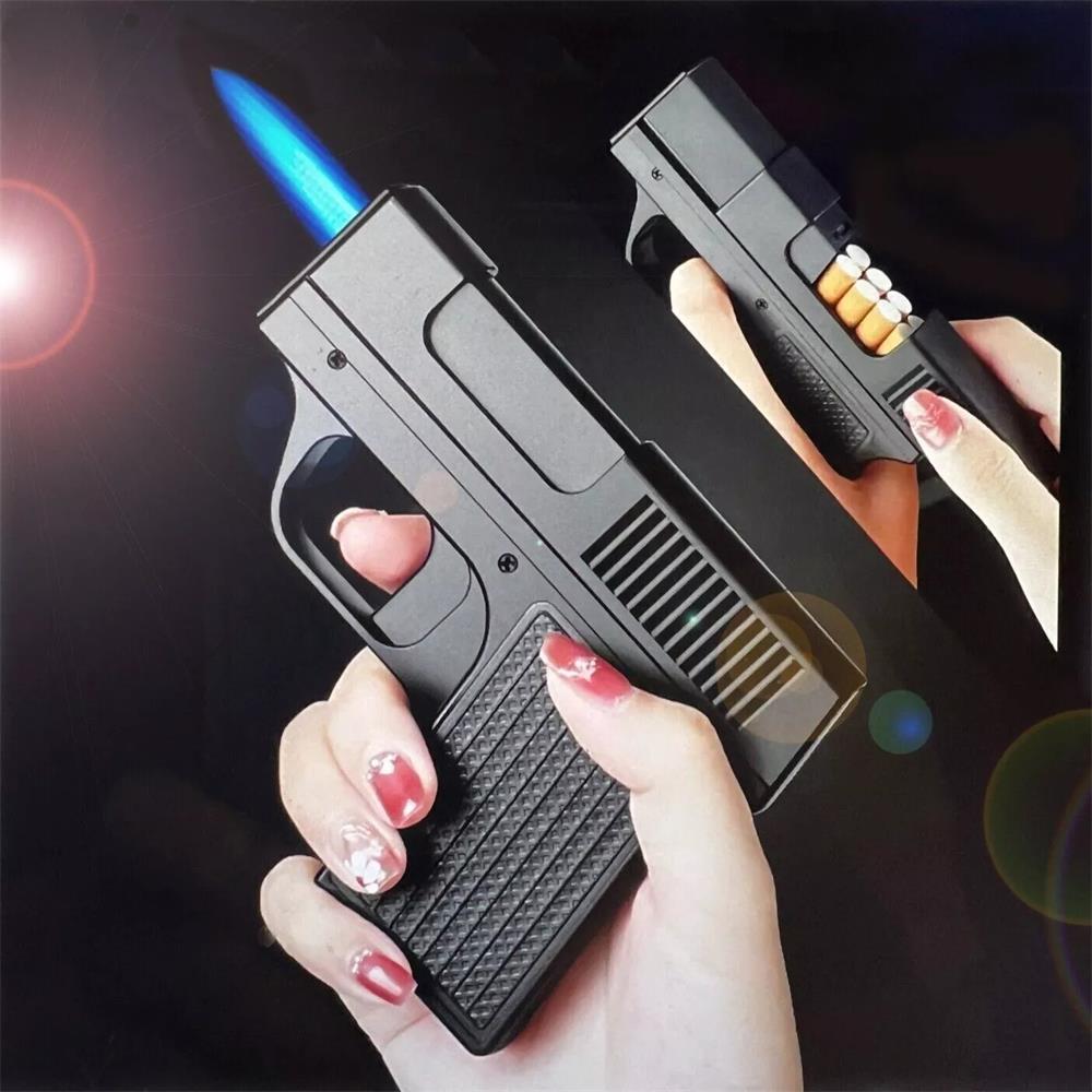 machine gun cigarette lighter Unique Butane Cigarette LIGHTER & CASE Adjustable Jet Torch Flame Pistol Gun  hot