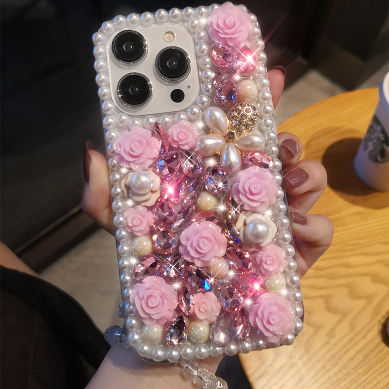 ♡iPhone⑬Proゴールド♡ Bling Glitter Flower Full Diamond Case Cover For iPhone 12
