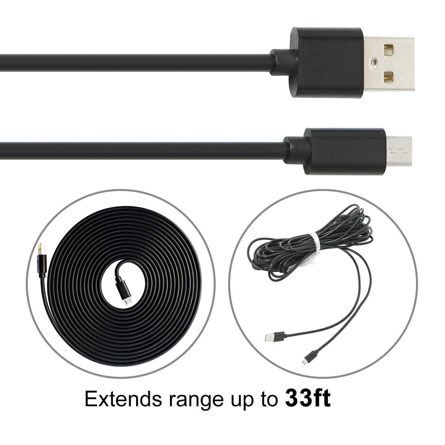 2 Pack 33Ft Micro USB Extension Power Cable for Home Security Camera