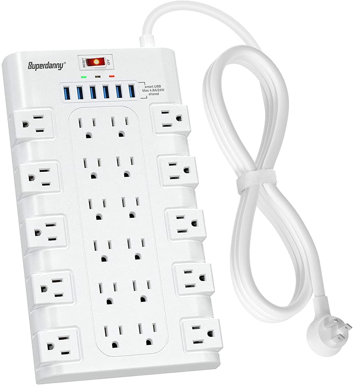12 AC Power Strip Tower with 6 USB A, 6.5ft Cable white [Plug Type B]