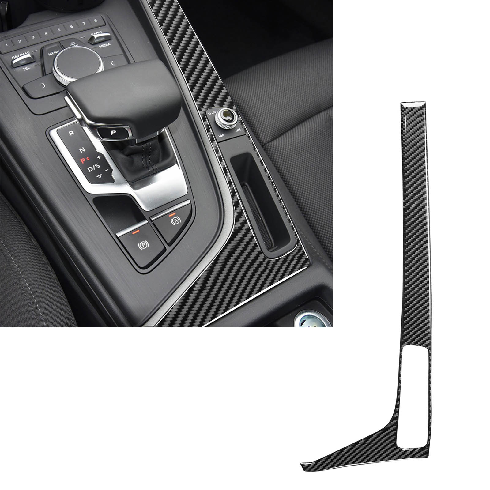 Audi A4 B9/A5 B9 ②カーボン調ギアボックスサイドトリム Black Carbon Fiber Gear Shift Side Panel Interior Trim For Audi A4