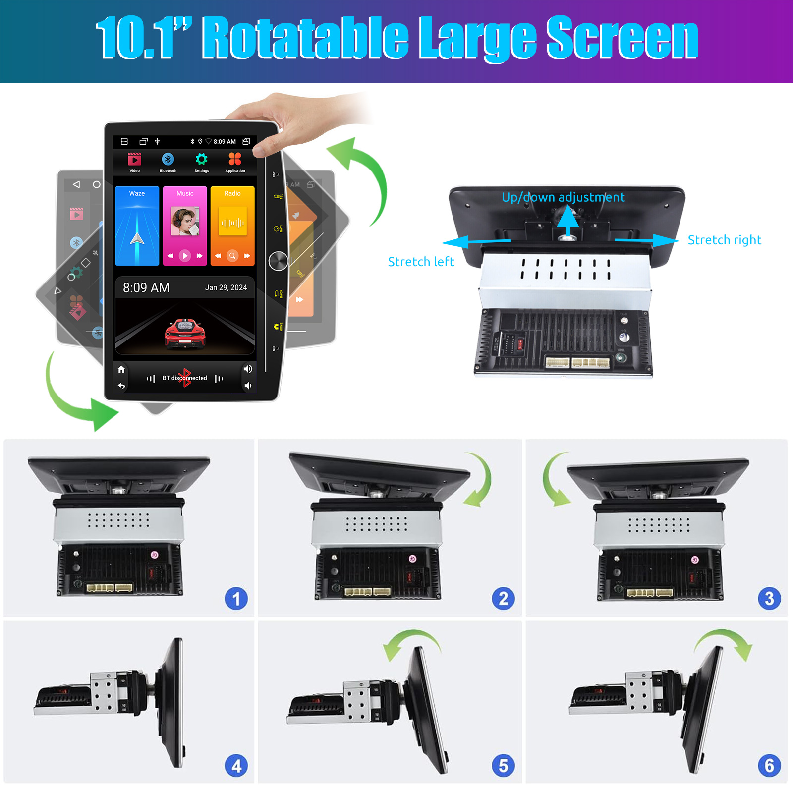 thumbnail image 2 of ESSGOO 10.1" Rotatable 1 DIN Android 14 Car Stereo – 4+64GB, Wireless Carplay, GPS, RDS 2 of 4