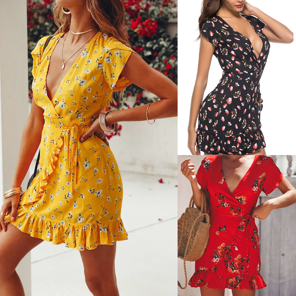 Summer Dresses For Women Beach Holiday Wear Floral Print Sexy Deep