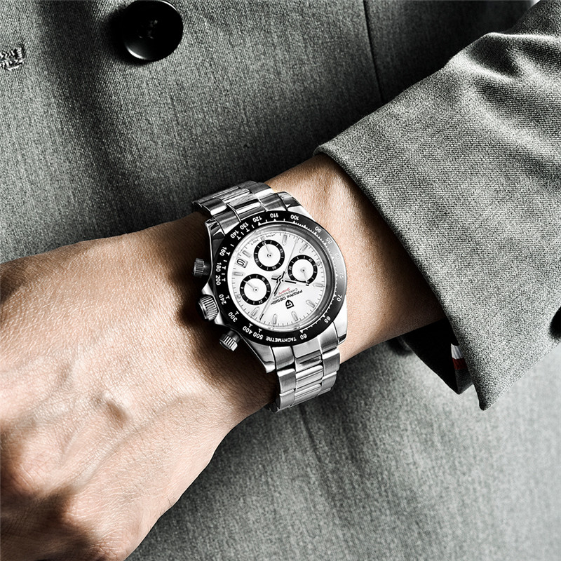 Pagani Design 1701 herenhorloges, kwartshorloge voor heren met chronograaf, roestvrijstalen sporthorloges voor heren, Japanse waterdichte horloges, VK63-uurwerk, Leer Wit, Klassiek