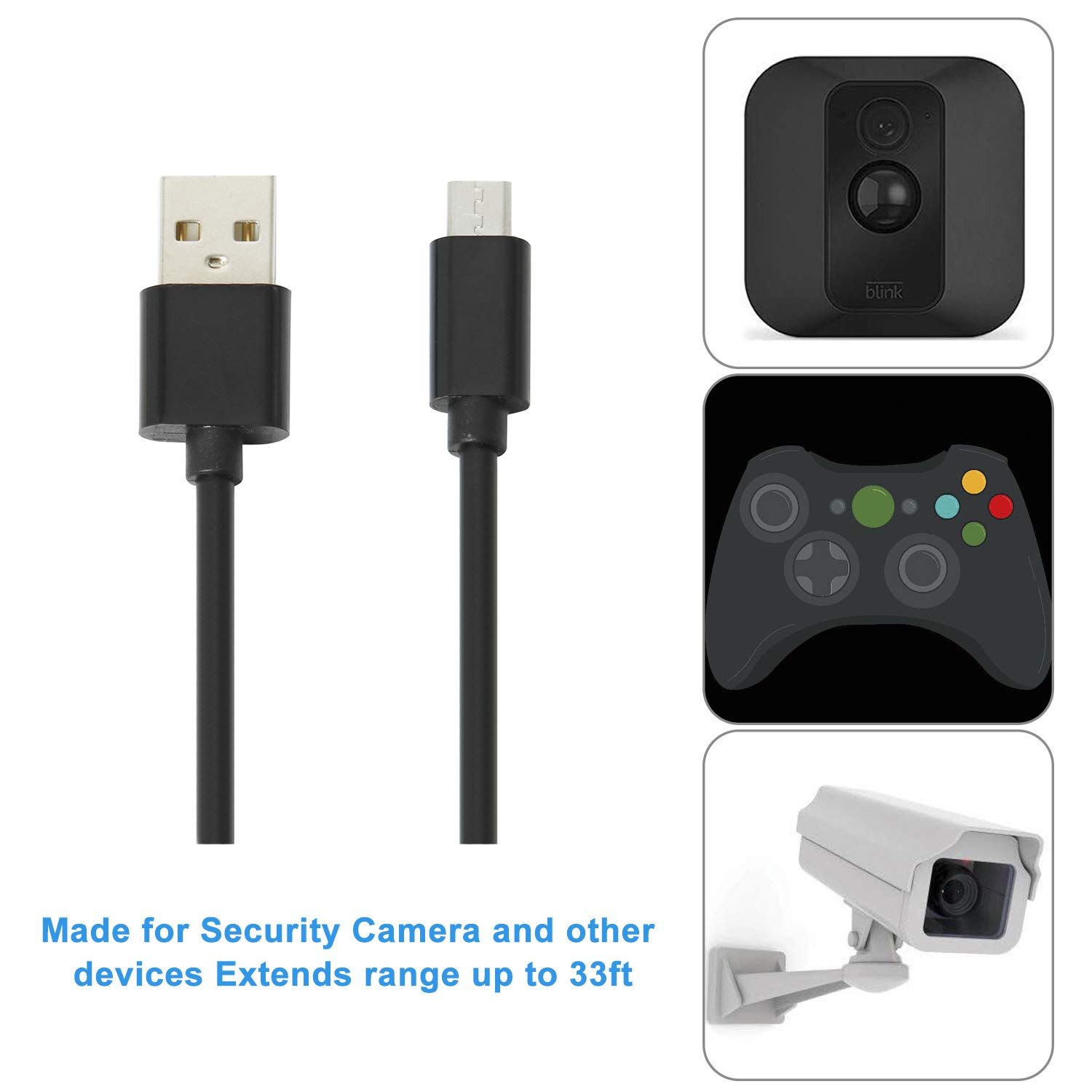 2 Pack 33Ft Micro USB Extension Power Cable for Home Security Camera