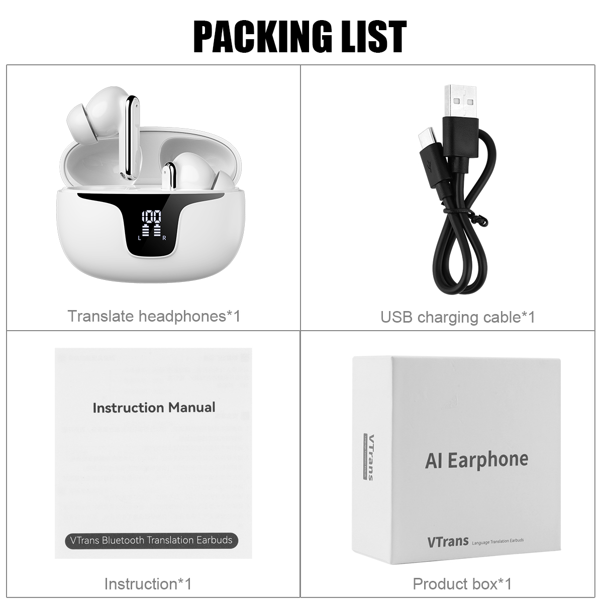 Translation Earbuds VTrans-19 150 Languages ANC Bluetooth