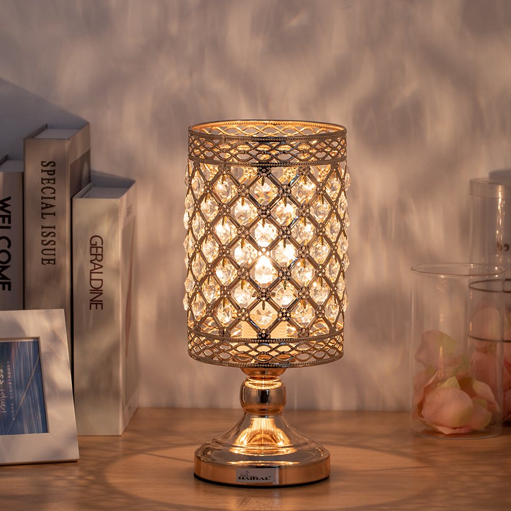 Gold Bedside Table Lamp Hanging Clear Crystal Shade
