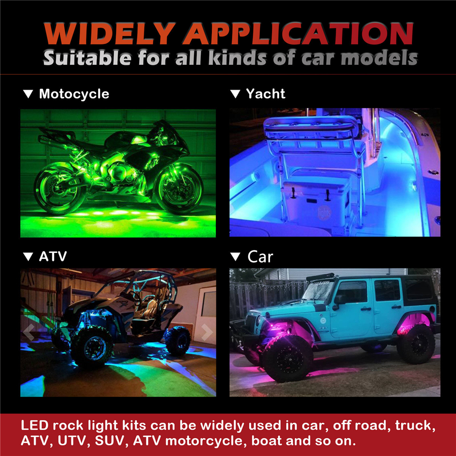 LED Rock Lights, Underglow Light Kits Waterproof IP68 for Jeep off Road ATV  SUV Trucks Cars Motorcycle Rock Light Kit - China LED Rock Lights, RGB LED  Rock Light