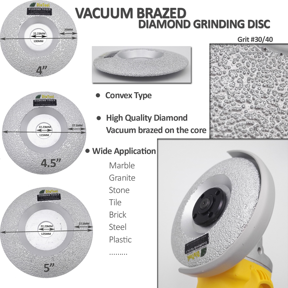 DIATOOL 1pc Convex Vacuum Brazed Diamond Grinding Cup Wheel 115mm Grinding Disc 718760489255 eBay
