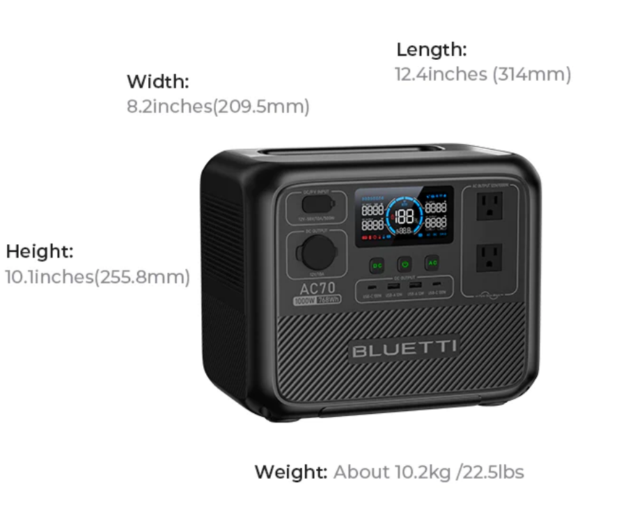 BLUETTI AC70 1000W 768Wh Portable Power Station LiFePO₄+Solar
