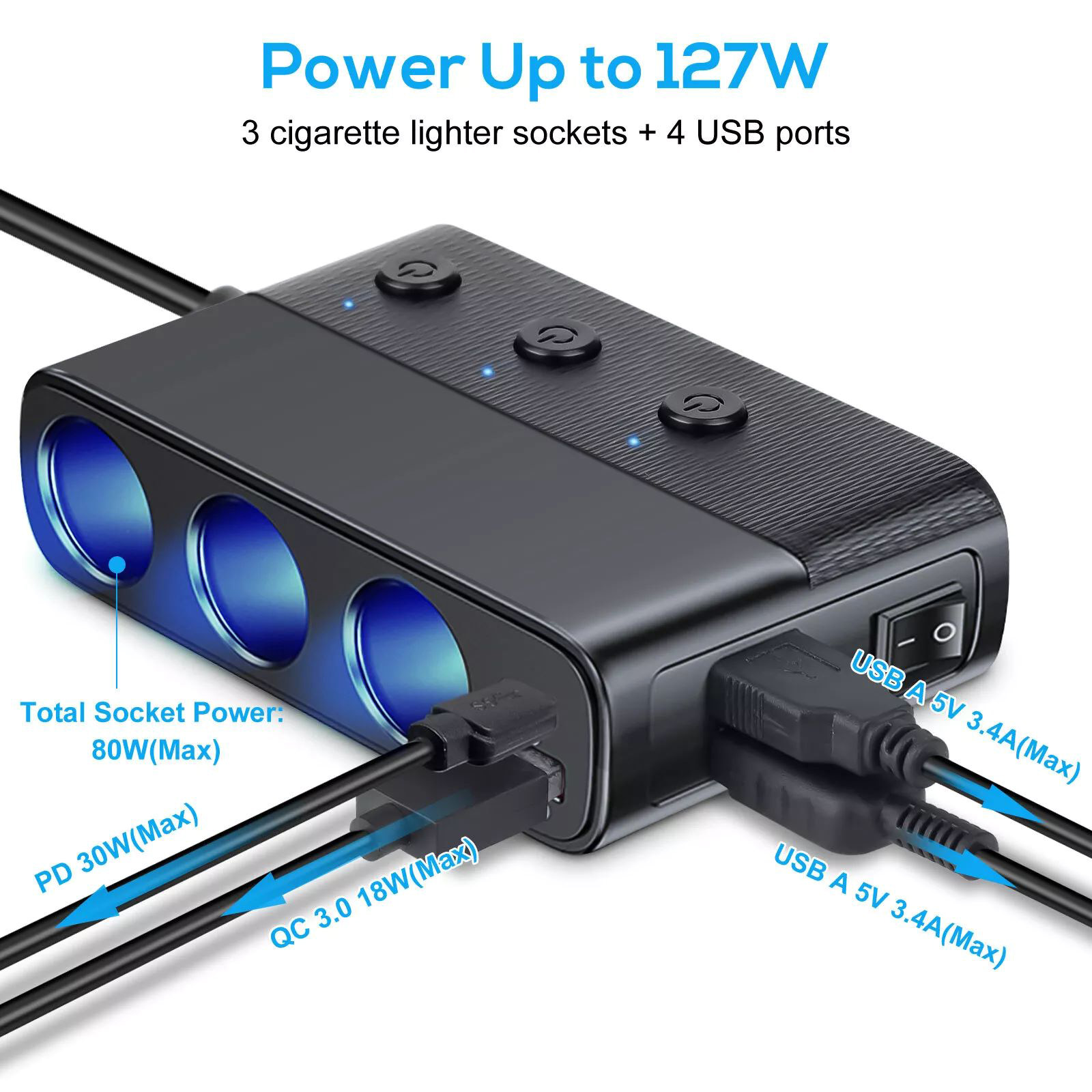 Car Cigarette Lighter Socket Splitter With Triple Outlet Expansion 127W  (Max)