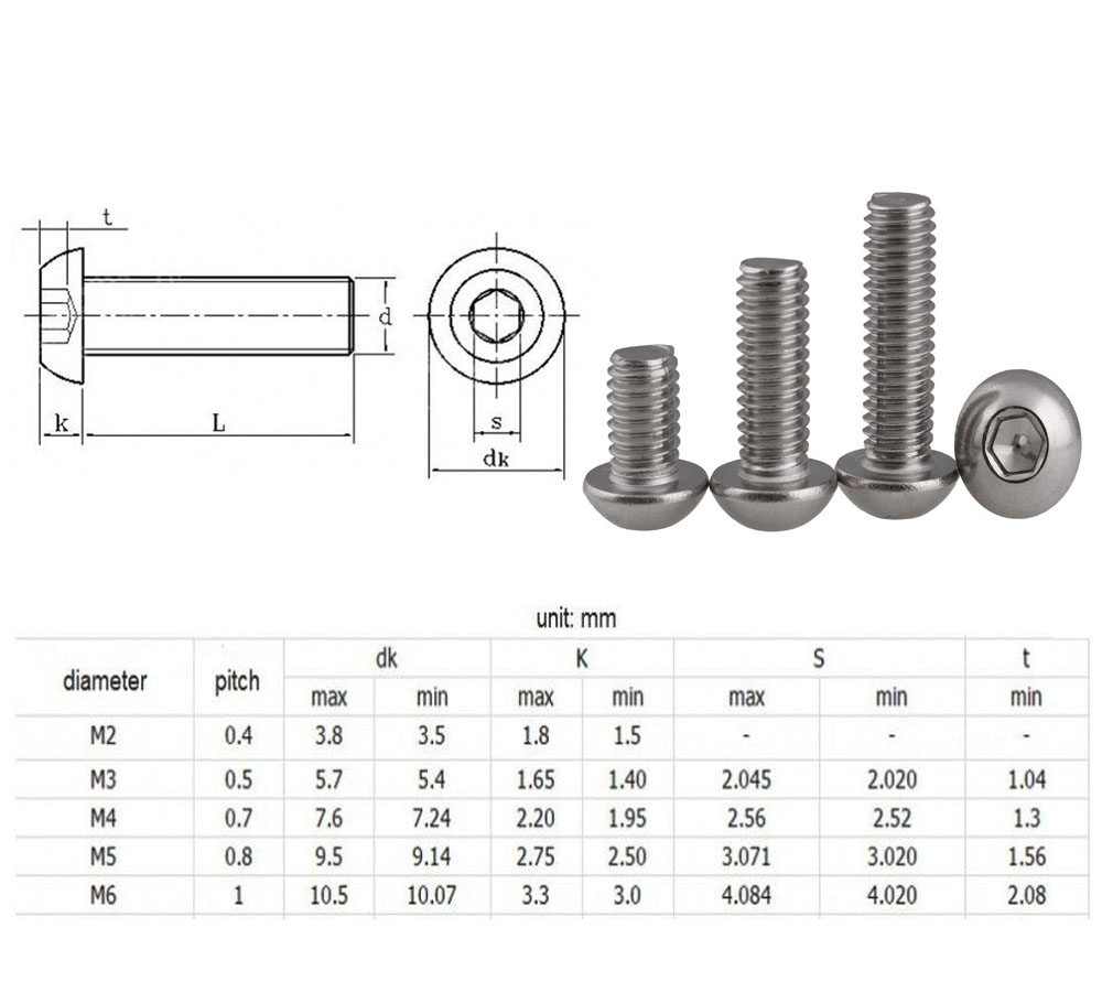 M2 M3 M4 M5 M6 Dome Allen Bolts Button Head Socket Screws 304 Stainless 
