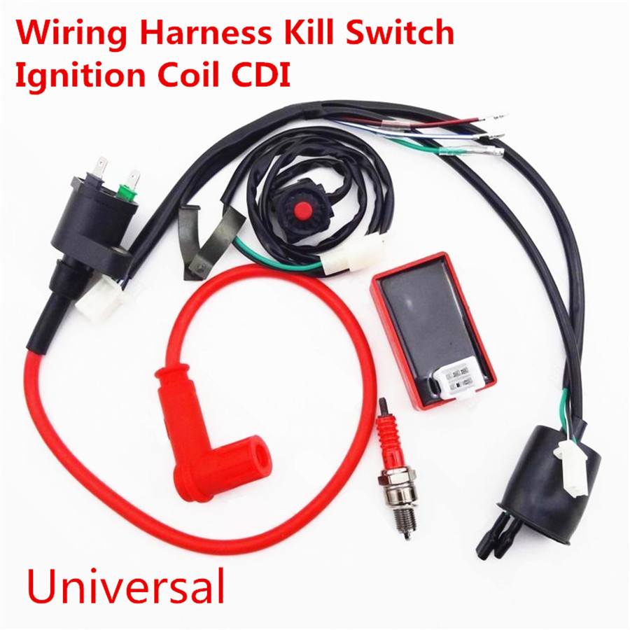 Motorcycle Wiring Harness Kill Switch Ignition Coil CDI Spark Plug Set 50-150cc | eBay