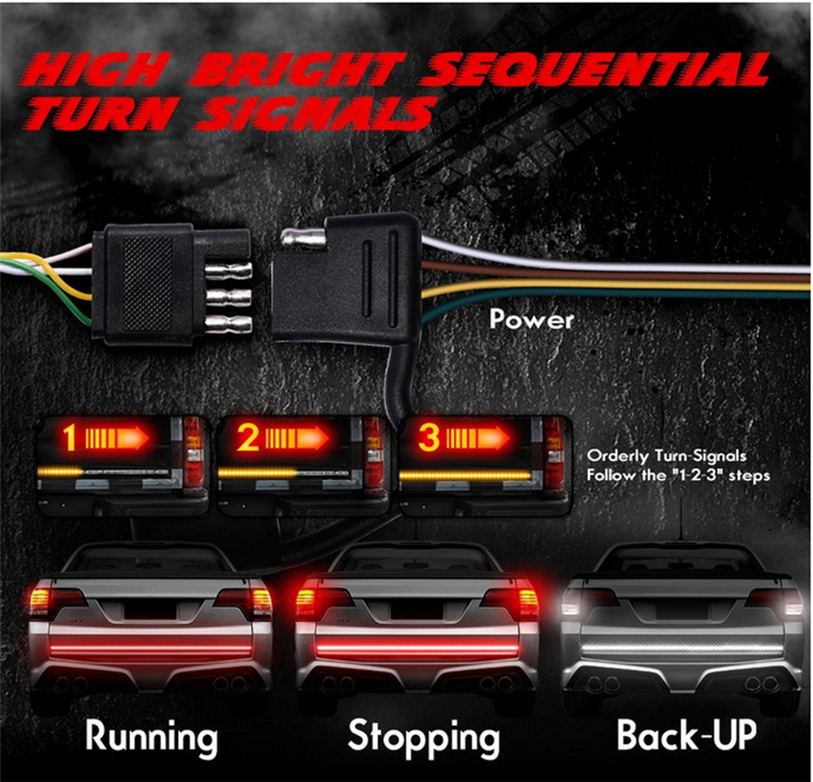 60" Triple Row LED Tailgate Light Bar 5 modes Reverse Brake Turn Signal