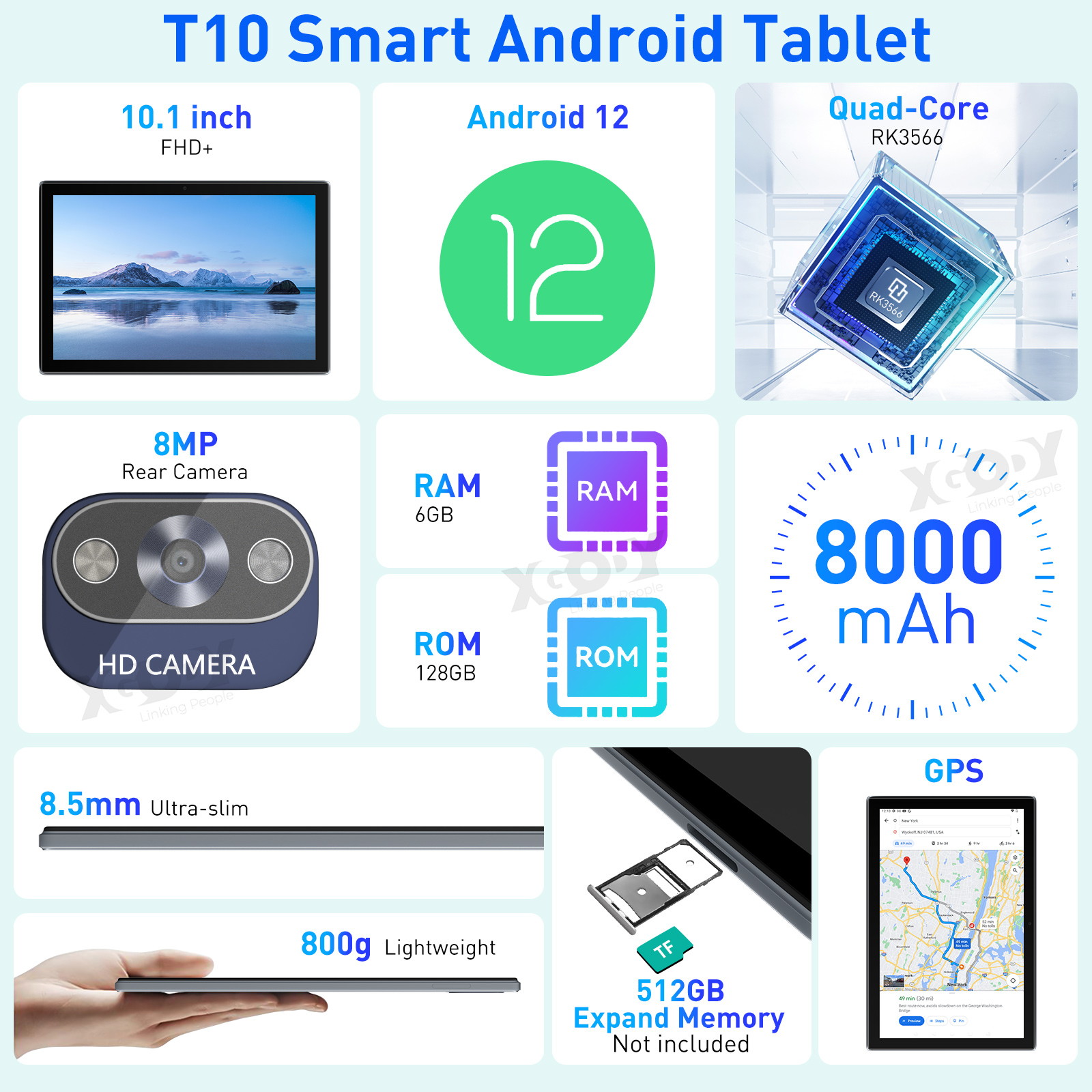 Tablette Intelligente, 6 Go + 128 Go De Stockage, Tablette GPS, Processeur  Octa Core De 8 Pouces Avec Câble OTG Pour La Lecture Et Le Divertissement