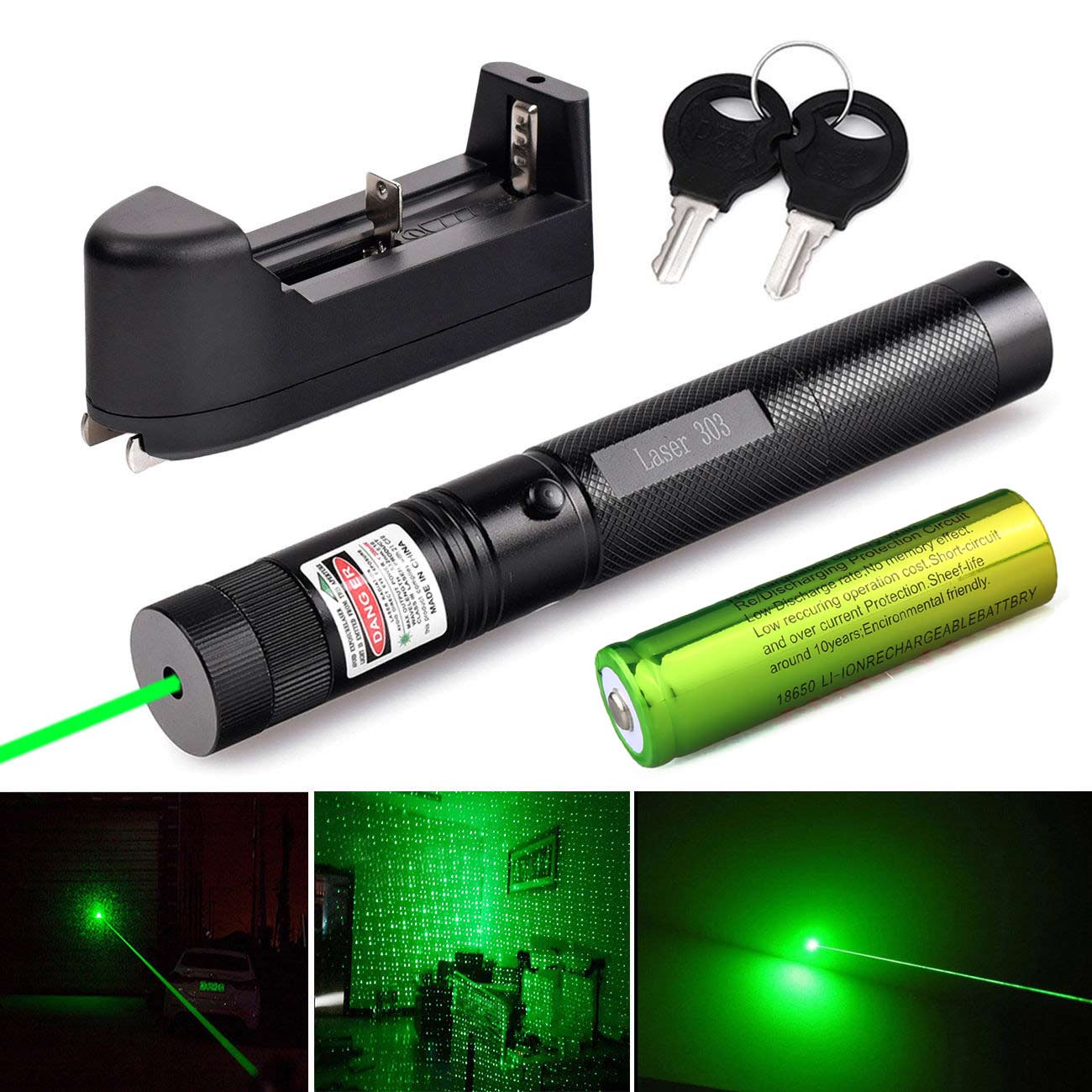Green Laser Pointer High Power Visible Beam + Star Cap + 18650 Battery