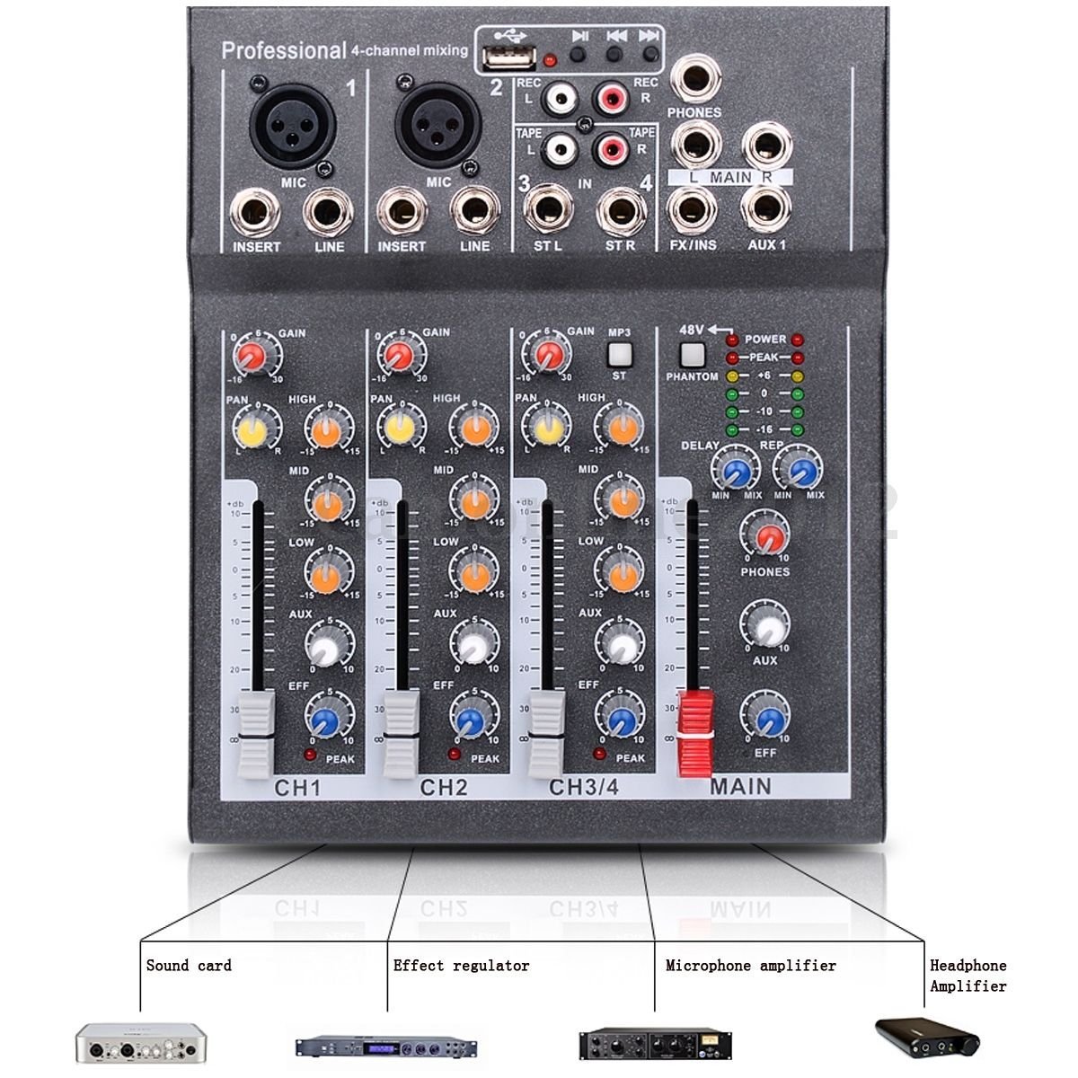 Professional 4 Channel Portable Mixer Sound Mixing Console with USB KTV