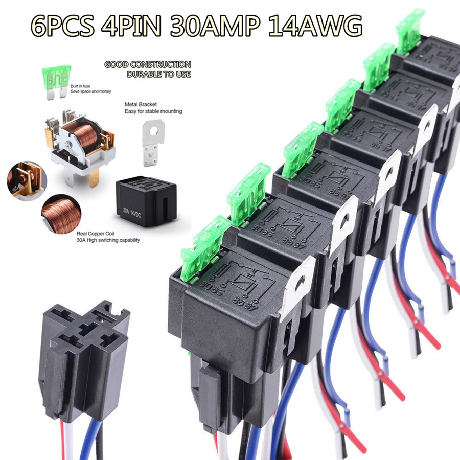 30A ATO//ATC Blade Fuse Automotive-6 Pack 12V Fuse Relay Switch Harness Set