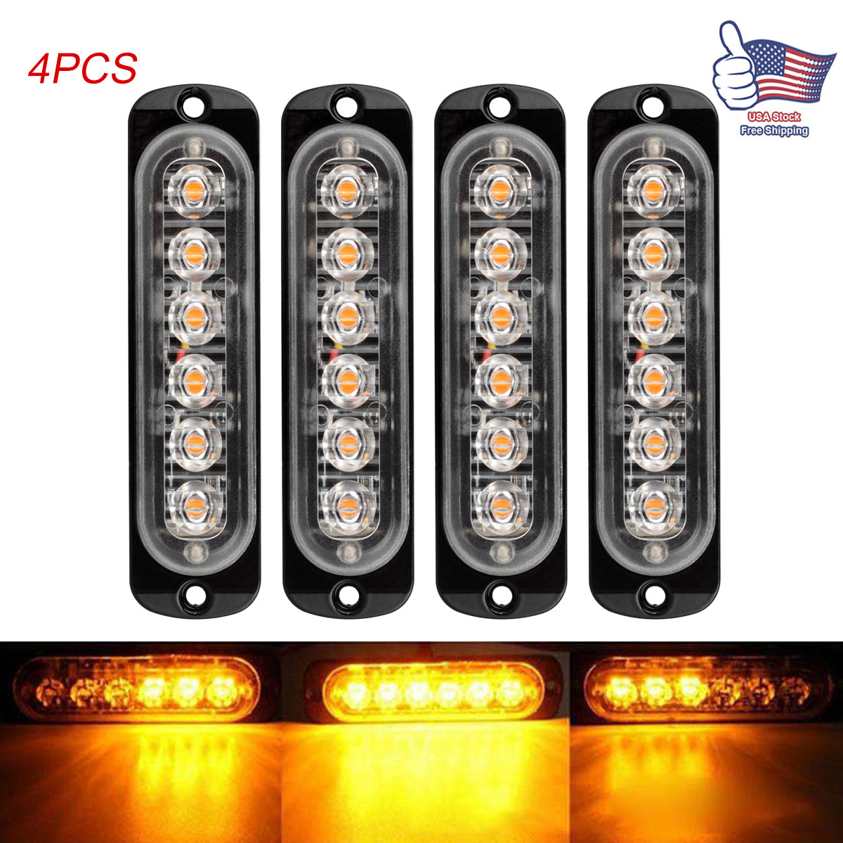 6 led 12v amber car truck emergency beacon led light bar hazard strobe warning