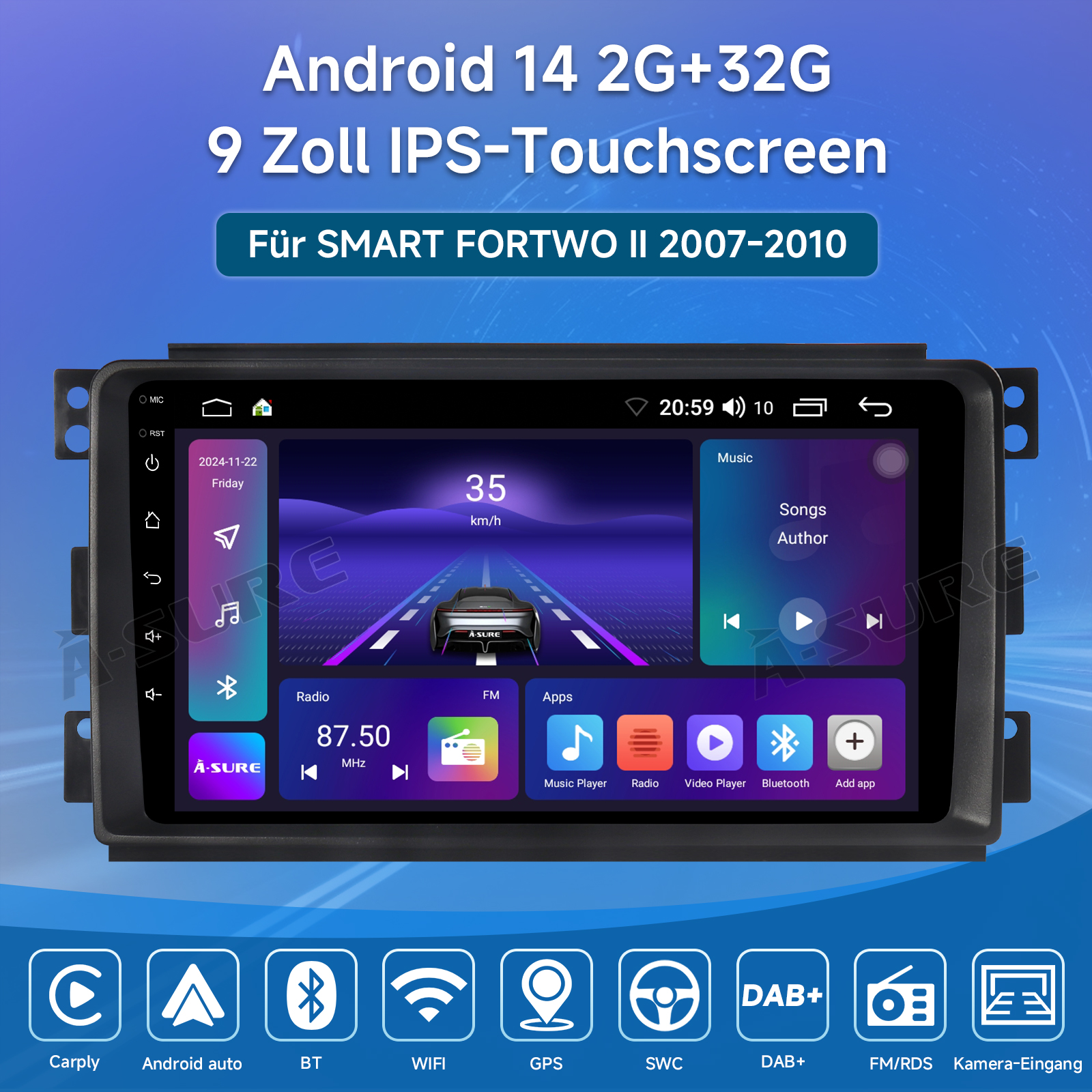 Smart Fortwo Cabrio 451 Android 14 Autoradio Für Smart Fortwo 451 (2005-2010) – 9 Zoll, CarPlay, Navi, 2GB 32GB Smart Fortwo 451 Autoradio