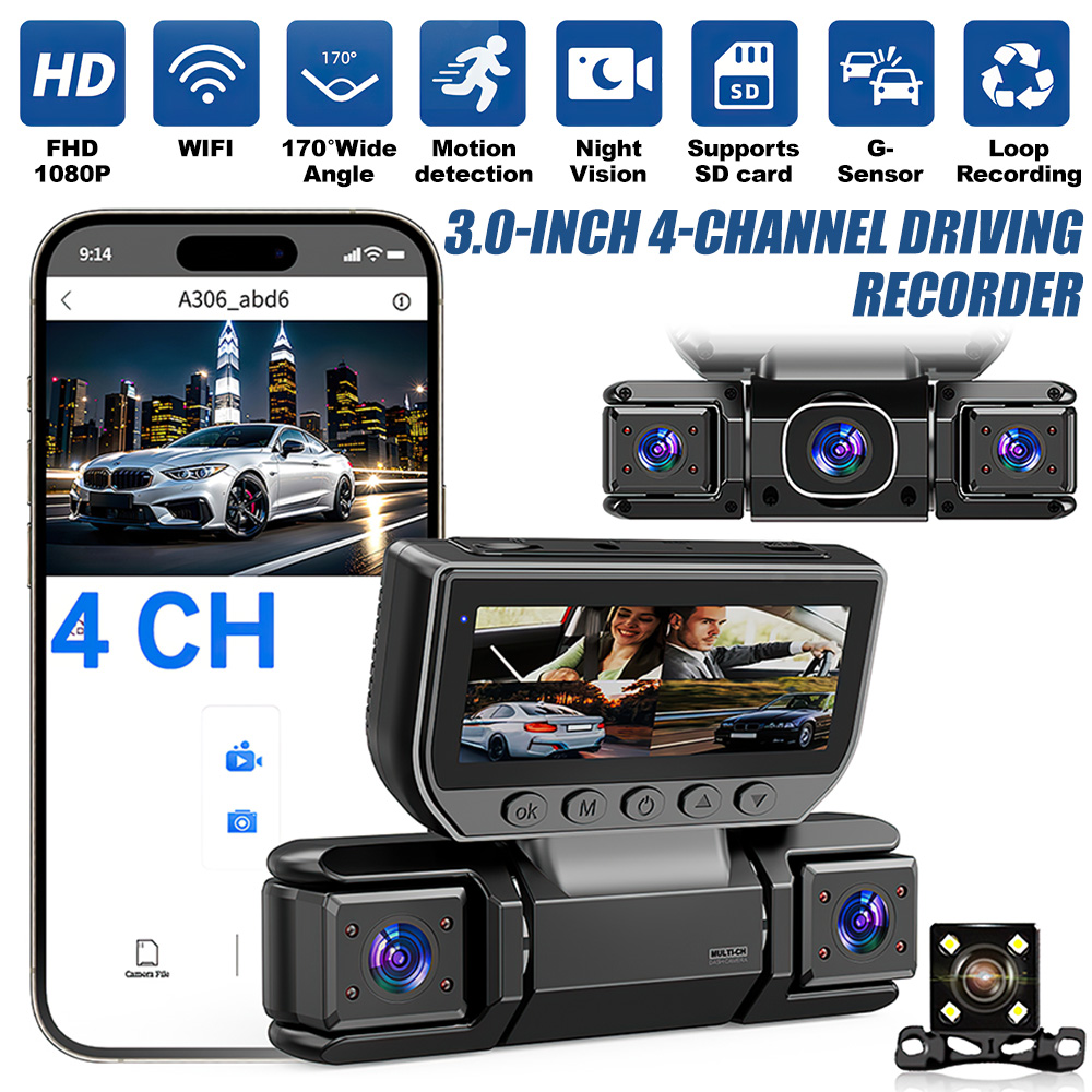 thumbnail image 2 of 4 Channel Dash Cam 360° HD 1080P – 4 Lens Driving Recorder W/ 32G Card – 170° Main Lens 2 of 5