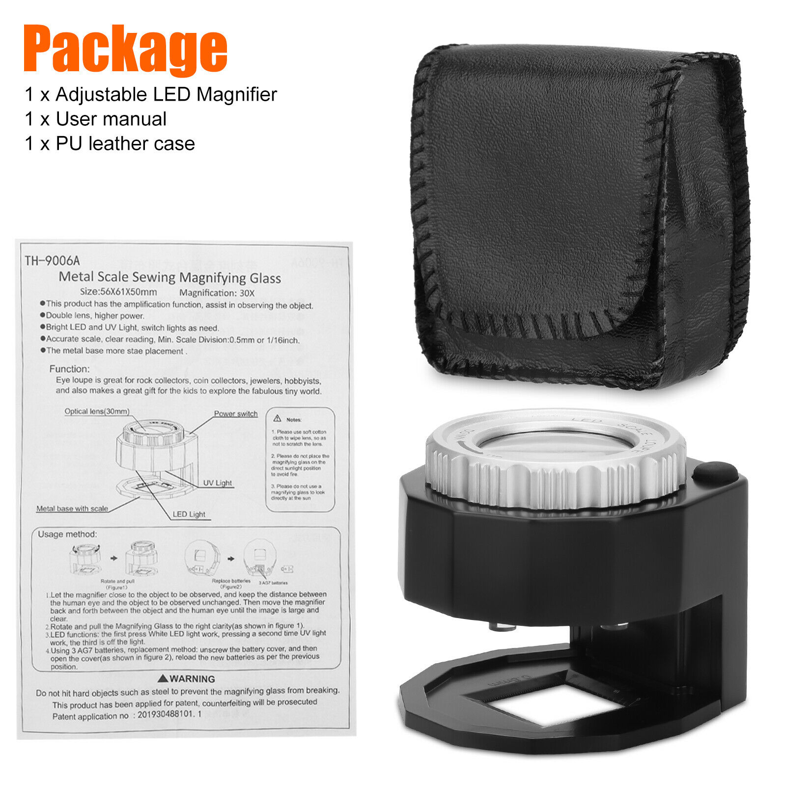 30X Illuminated Loupe Magnifier, Adjustable Focal Length Coin Magnifier  with Light Double Optical Lens, Jewelers Magnifying Glass for Coins Textile