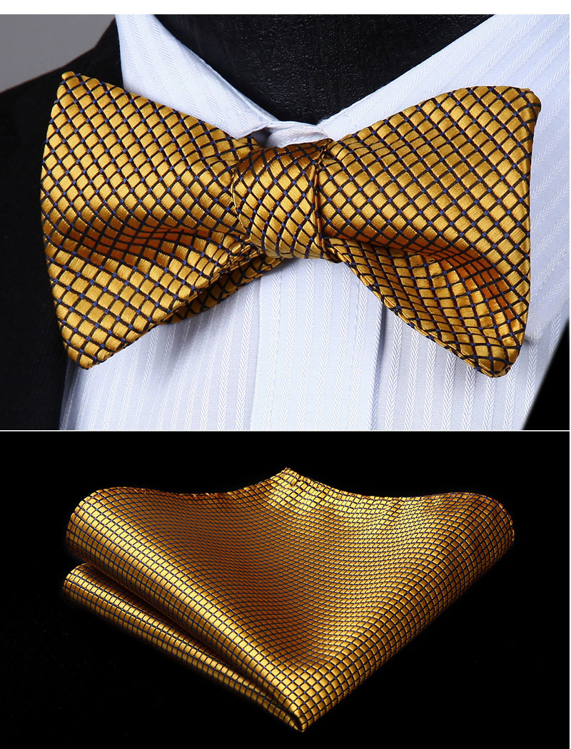 Men's Gold Check Plaid Self Bow Tie Silk Woven Wedding Pocket Square ...