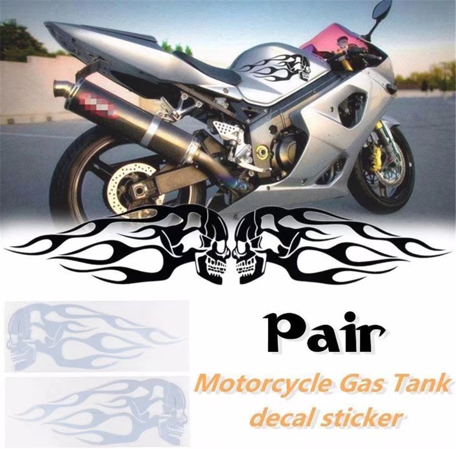 Aramox 2PCS Fuel Tank Sticker 3D Motorcycle Tank Pad Gas Oil Fuel Tank Pad Decal Universal Flame Skull Decal Decorations For Motorcycle(Black