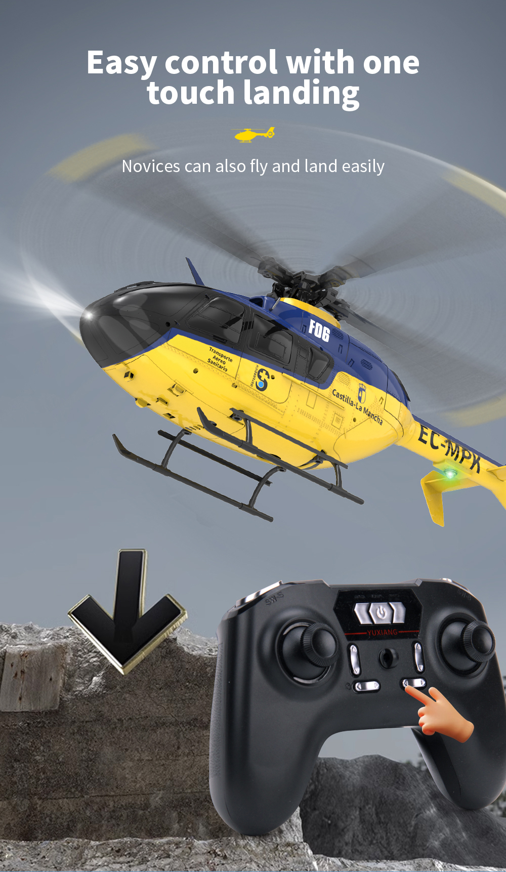 Elicottero Radiocomandato YXZNRC F06 EC135 Scala 1:36 - 2.4G 6CH Brushless Flybarless Con Giroscopio