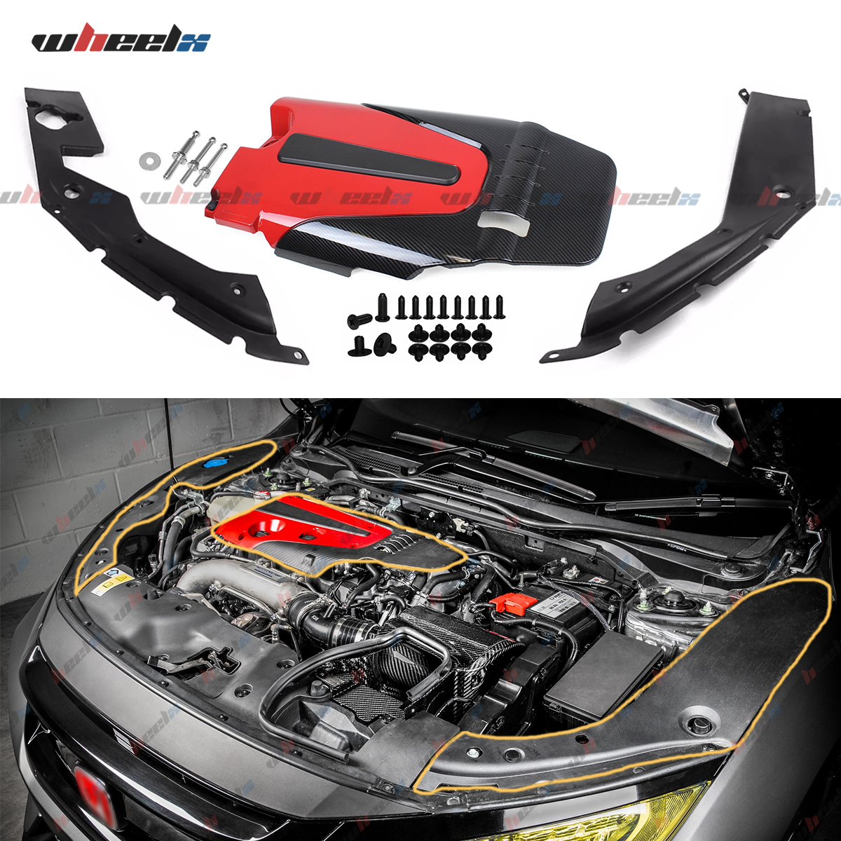 FOR 16-2021 HONDA CIVIC JDM RED BLK TYPE-R STYLE ENGINE COVER +