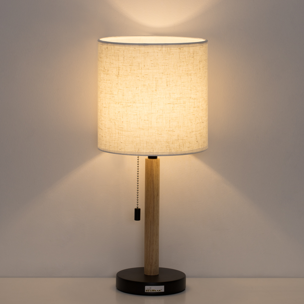 Details About Fabric Shade Modern Table Lamp With Pull Chain Switch And Metal Base Wood