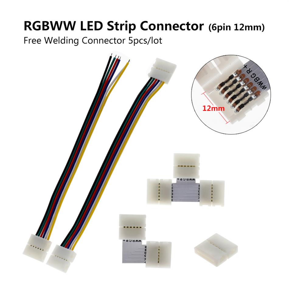 6Pin RGB+CCT LED Strip Connector Adapter Cable 12MM PCB Clip Solderless  5pack